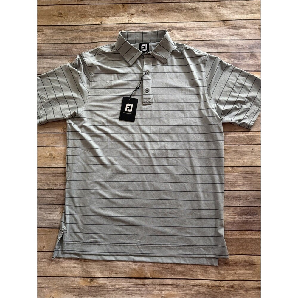 FootJoy Lisle Striped Golf Polo Shirt Mens Medium FJ Gray Navy White Stretch NWT